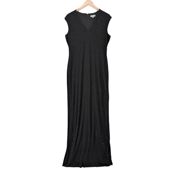 Calvin Klein Studded Maxi Dress Solid Black Cap Sleeve V Neck Sheath Sz 10 - Picture 1 of 11